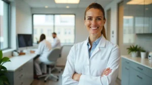 Dental Practice Manager leading a professional team in a modern dental clinic