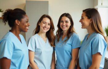 Friendly dental team of four women in scrubs smiling together in a bright clinic.