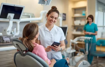Dental assistant smiling while helping a patient in a modern, bright dental office.