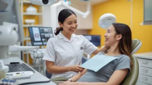 Dental assistant smiling while helping a patient in a modern, bright dental office.