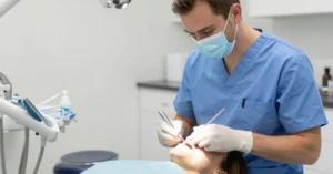 Dental hygienist performing routine oral exam and cleaning in Atlanta office