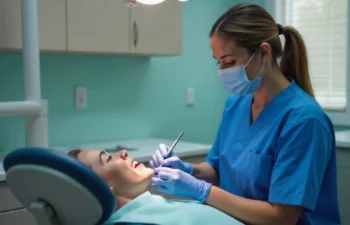 Dental hygienist providing professional teeth cleaning to patient in Atlanta clinic