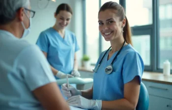 Career Dental Assistant smiling while assisting a patient in a modern dental clinic