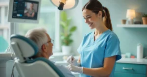 Career Dental Assistant preparing an elderly patient for treatment in clinic