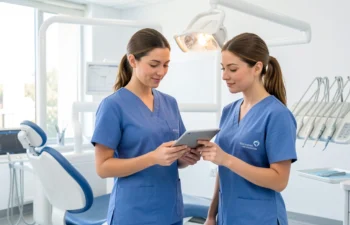Dental assistants reviewing patient schedule together in a modern dental clinic at Blueprint Smiles