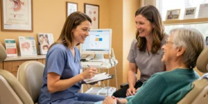 Dental assistant explaining treatment details to a patient while collaborating with team members in a dental office