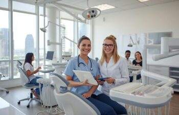 Dental assistants reviewing patient data in a modern city dental clinic