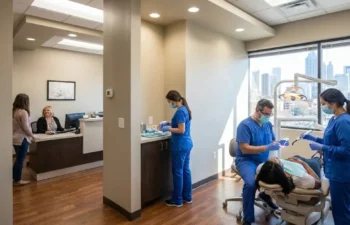 Dental team treating patient in modern Atlanta clinic with front desk hiring sign