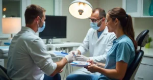 Dentist and dental assistant reviewing tools during patient exam in clinic