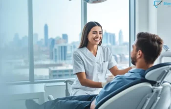 Dental hygienist consulting patient in modern Atlanta clinic