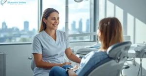 Dental hygienist talking with patient in bright Atlanta office
