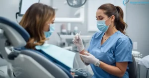 Dental hygienist consulting smiling patient during visit