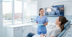Dental hygienist in Georgia consulting patient in modern Atlanta clinic