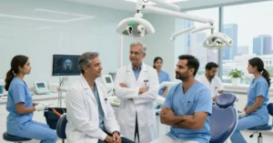 Doctor-led dental team collaborating in a modern, technology-driven clinic