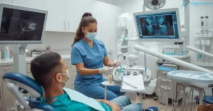 Dental assistant preparing instruments for patient in modern Atlanta dental clinic
