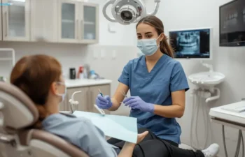 Dental assistant explaining procedure to patient in modern dental clinic