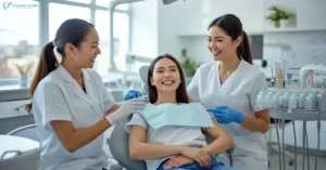 Patient smiling during dental checkup with friendly hygienists in modern clinic