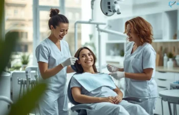 Dentist and assistant providing dental care to relaxed patient in clinic chair