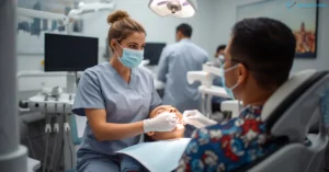 Dental assistant helping dentist treat patient in modern Atlanta clinic