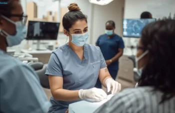 Dental assistant preparing tools while assisting patients in Atlanta clinic