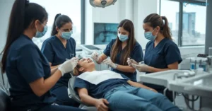 Dental students training with instructor on patient in modern clinic setting