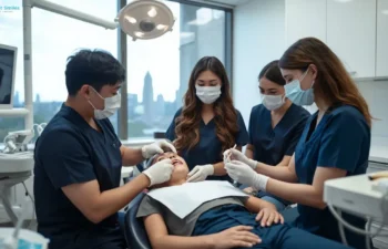 Dental assistant students learning chairside procedures with instructor guidance