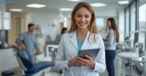 Female dental practice manager holding a tablet in a modern dental clinic with staff and equipment in the background