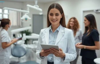 Smiling female dental clinic manager using a tablet while team members collaborate in a clean and organized dental office