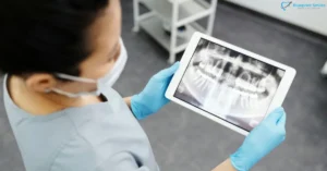 Dental hygienist reviewing panoramic X-ray on tablet in clinic