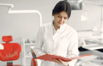 Dental professional reviewing records in modern clinic